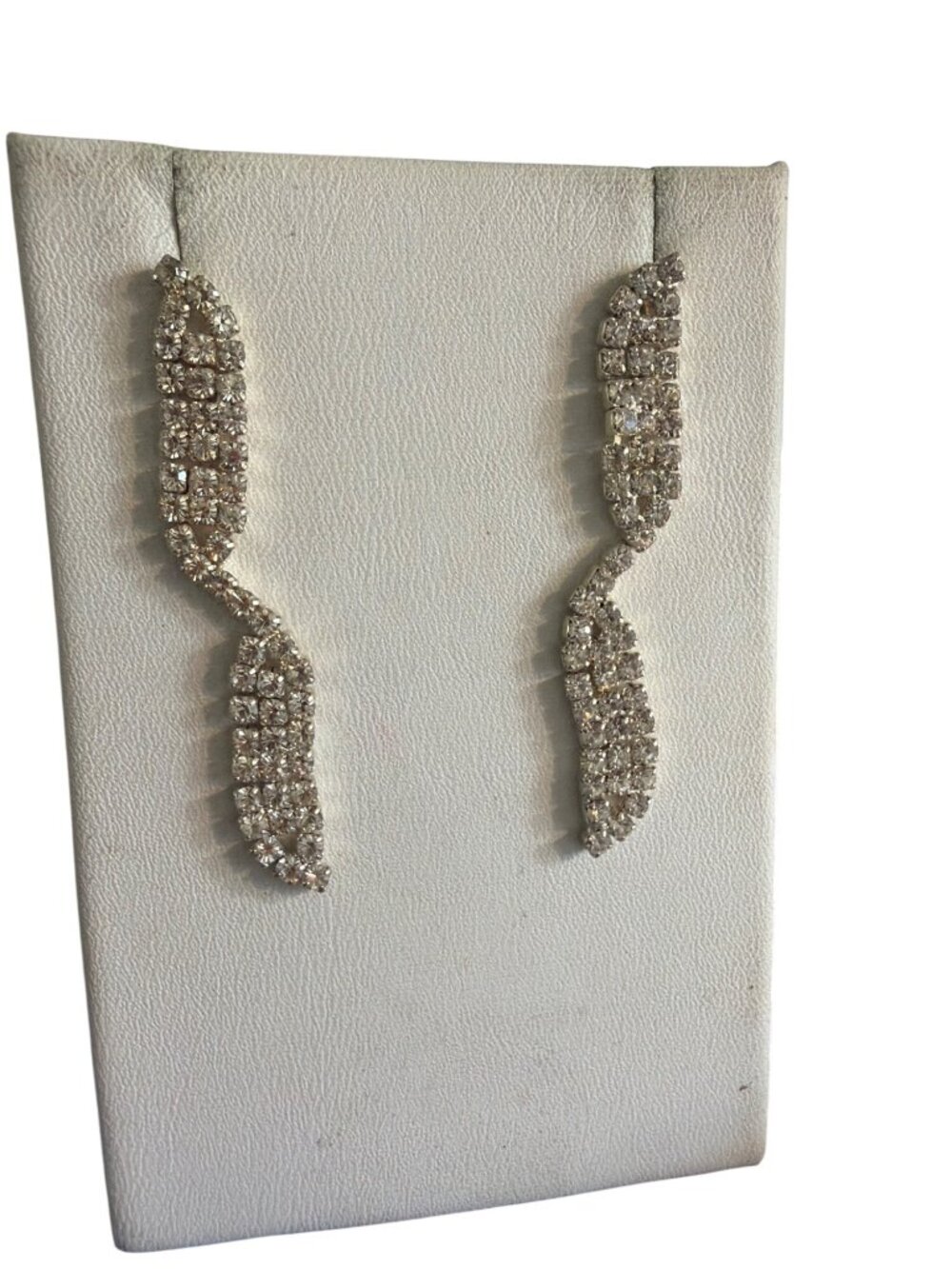 Vintage Crystal Rhinestone Wavy Dangle Earrings Silver Tone Cascade Wedding 2"